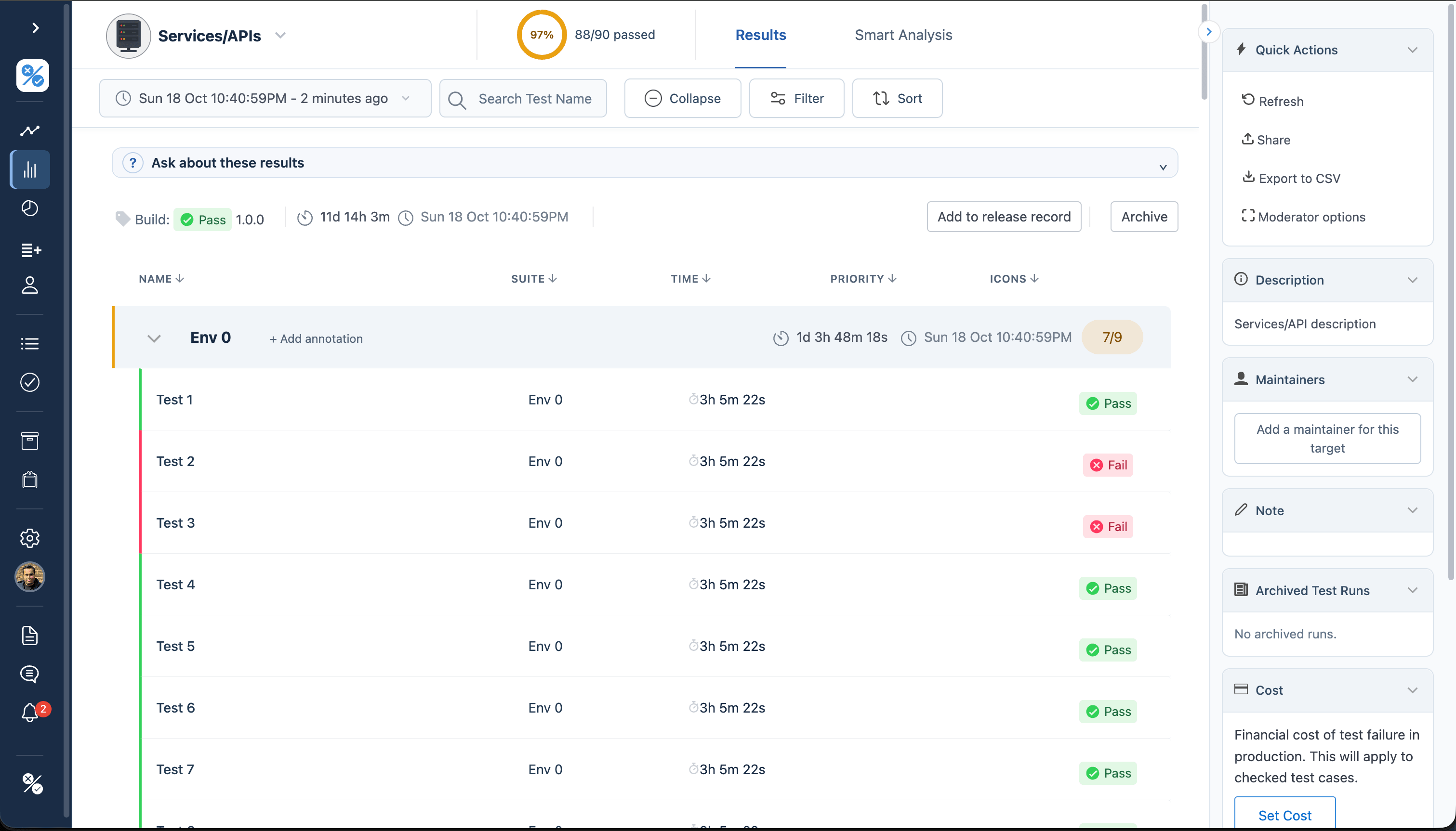 Tesults Results view showing grouped test suites, individual outcomes and build information.