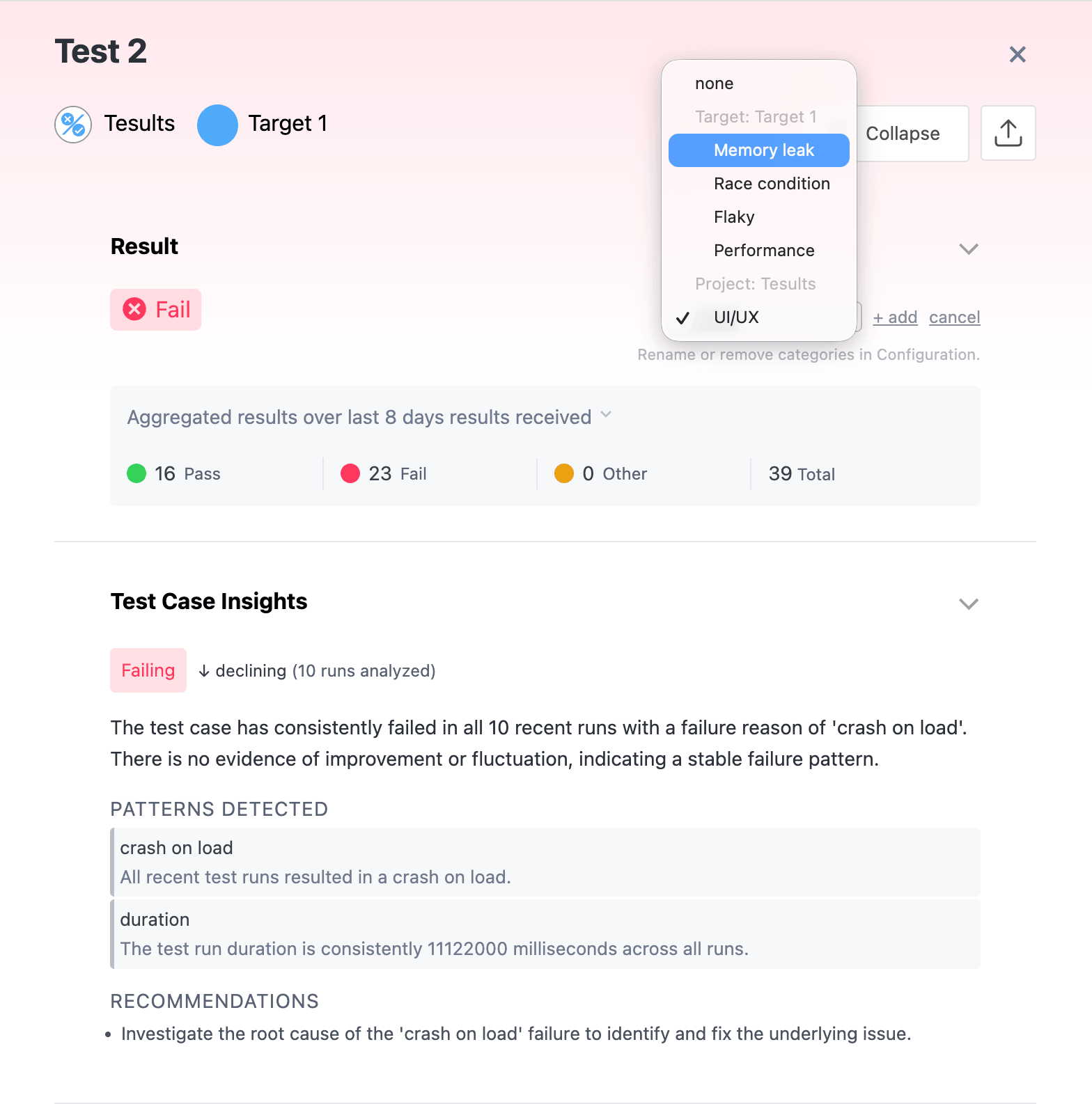 Failing test case drawer in the Tesults results view with the Failure Category dropdown picker open, showing the option to assign or create a category