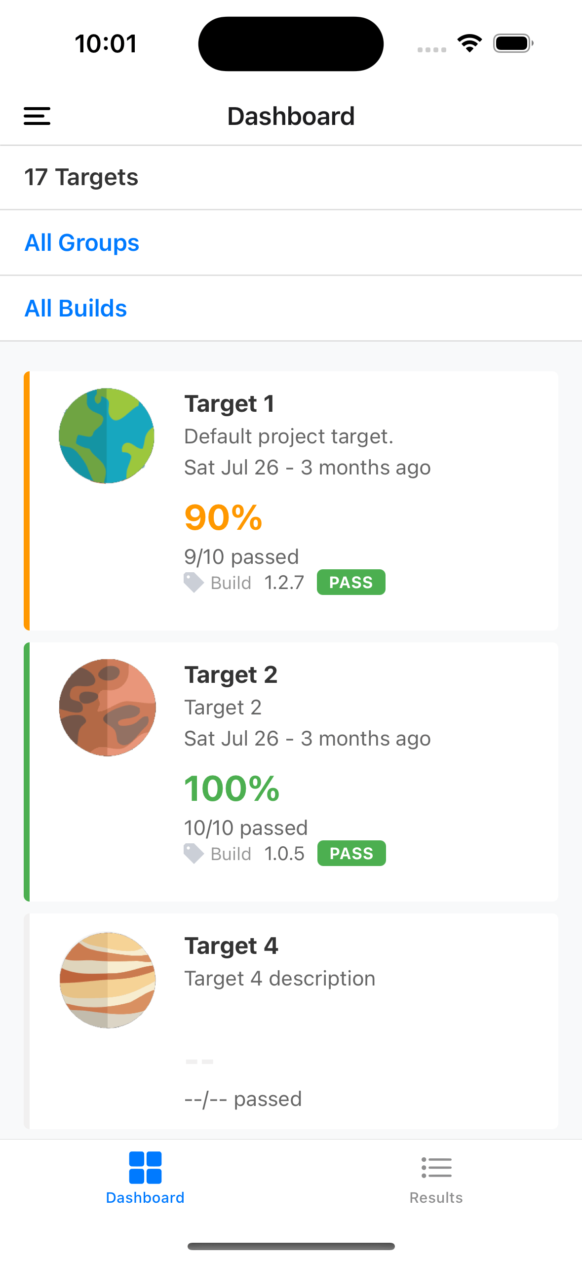 Tesults Mobile App Dashboard View