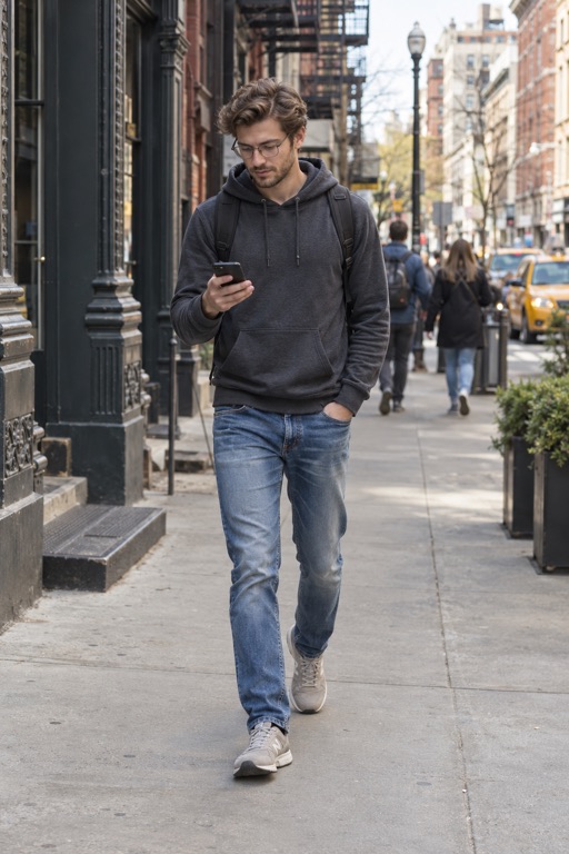 Developer checking his phone while walking along a New York City sidewalk